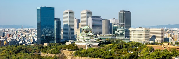 Osaka Castle from above skyline with skyscraper panorama city in Japan