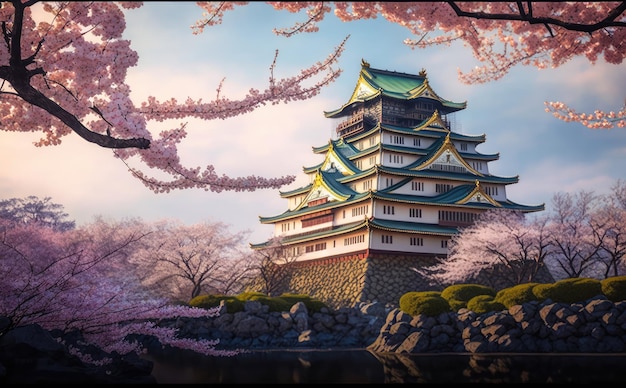 사진 벚꽃이 만발한 아침의 오사카 성 오사카 일본 generative ai