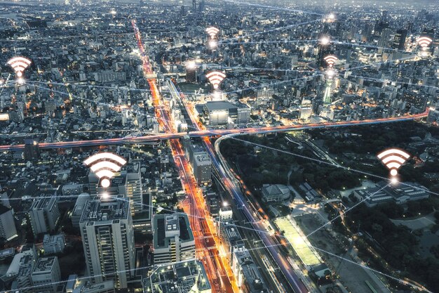 Photo osaka city in cyber network concept