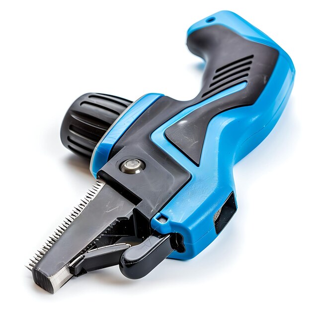 Photo oscillating tool with blue plastic body a tool used for cutt isolated clean blank bg items design