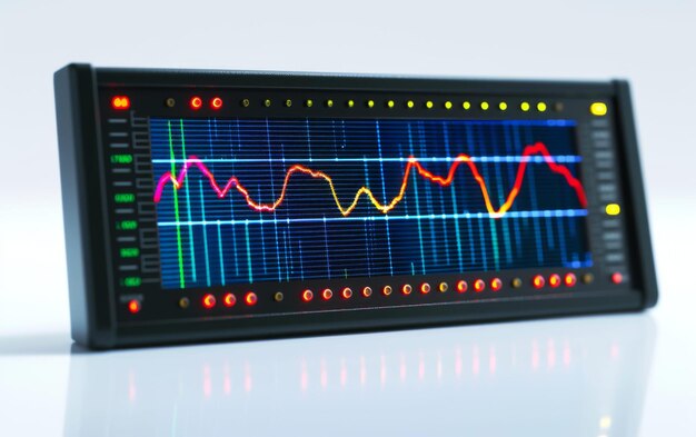 Photo oscilloscope displaying signal waveform on white background