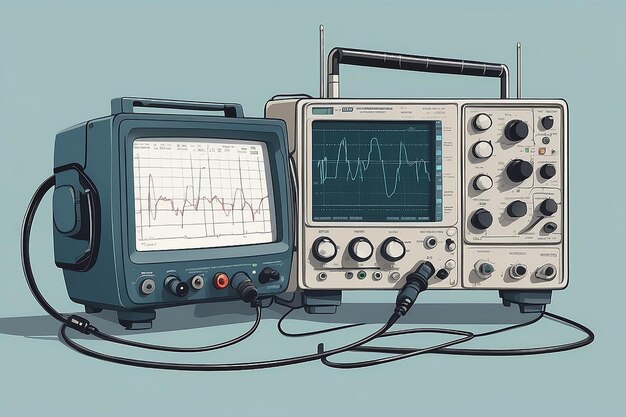 사진 오실로스코프 및 전자 테스트 장비 터 일러스트레이션 평면 스타일