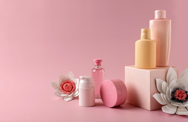 Photo Ãâ¡osmetics tubes skin care product on geometric pedestal for branding. blank unbranded flacons. beauty and spa concept.