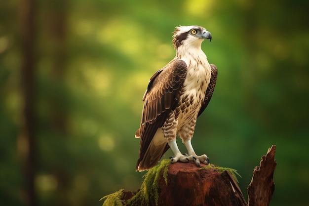 An osprey sits on a tree stump in the forest.