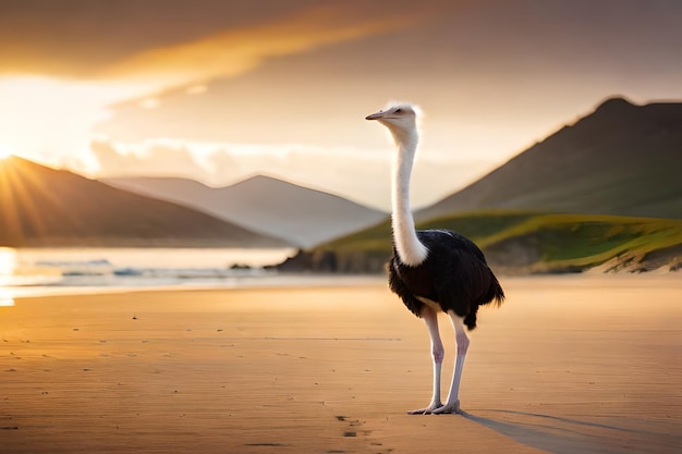 An ostrich on the beach at sunset