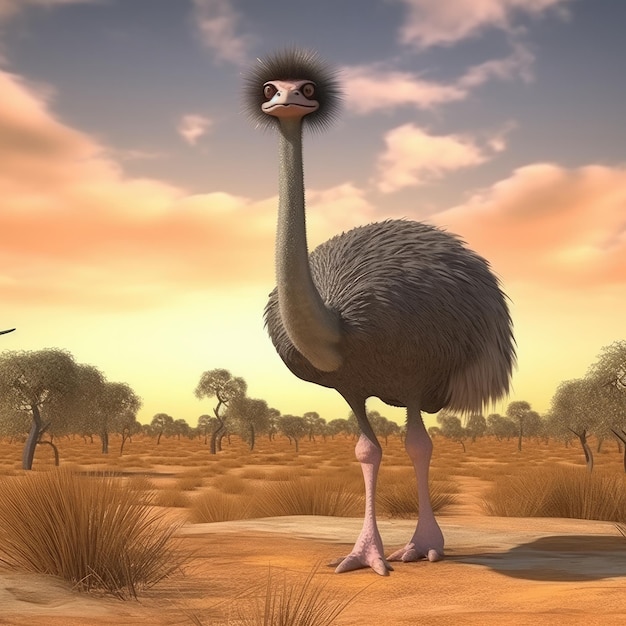 An ostrich stands in a desert with a cloudy sky in the background.