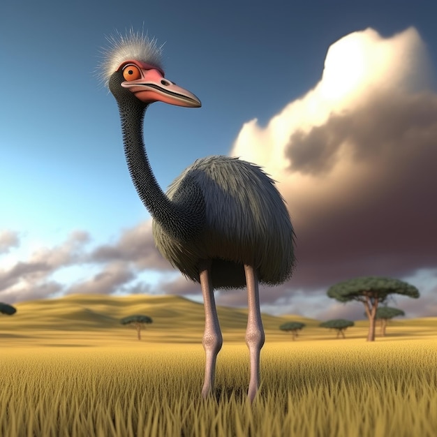 An ostrich stands in a field with trees in the background.