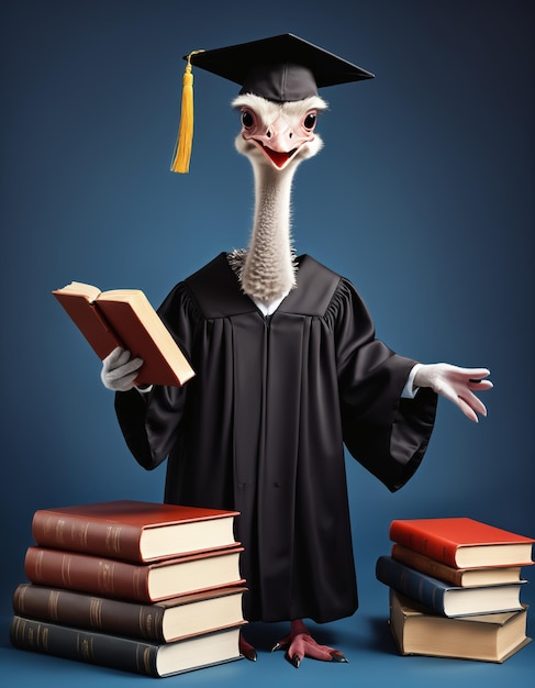 Ostrich wearing academic graduation gown and hat Generative AI