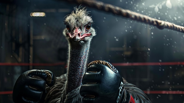 Photo an ostrich wearing gloves in the fight arena