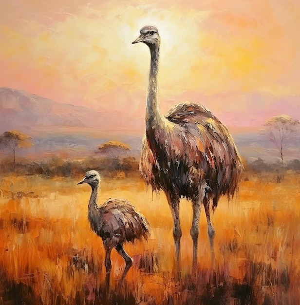 Ostrich with baby ostrich with sunset d view