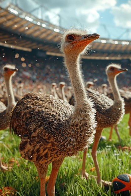 Photo ostriches on the football field