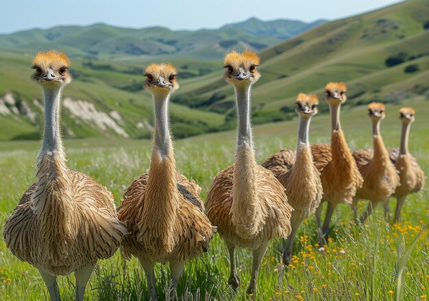 Ostriches standing in row in the grass A group of ostriches stand together in a grassy field