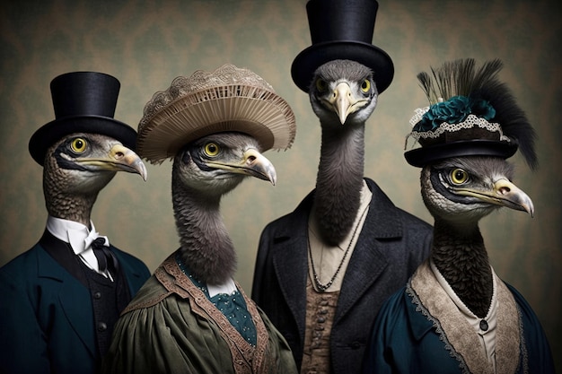 Ostricht animals dressed in victorian era clothing illustration generative ai