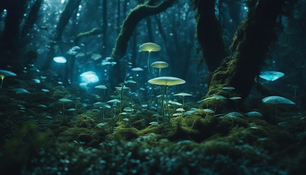 Otherworldly forest with bioluminescent flora