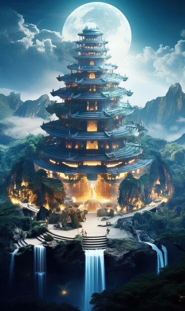 An otherworldly temple perched atop a floating island serving as a gathering place for avatars