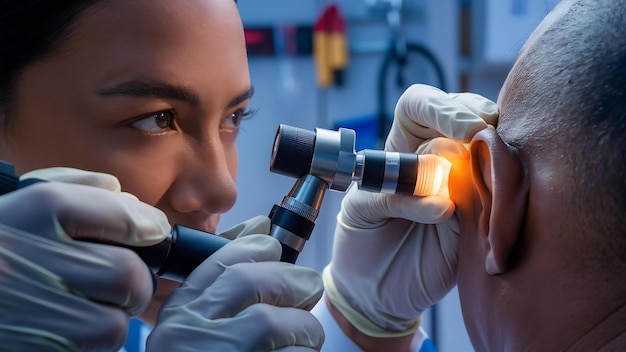 Photo otorhinolaryngologist looking at patients ear using an otoscope closeup