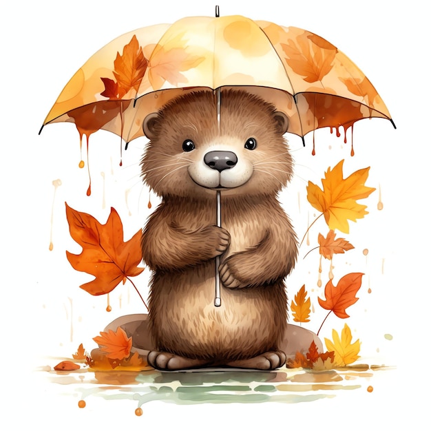 Otter in autumn under umbrella