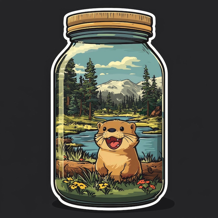 Photo otter in a jar with forest and mountains