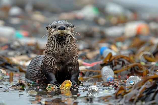 Photo otter living in a plastic filled ocean