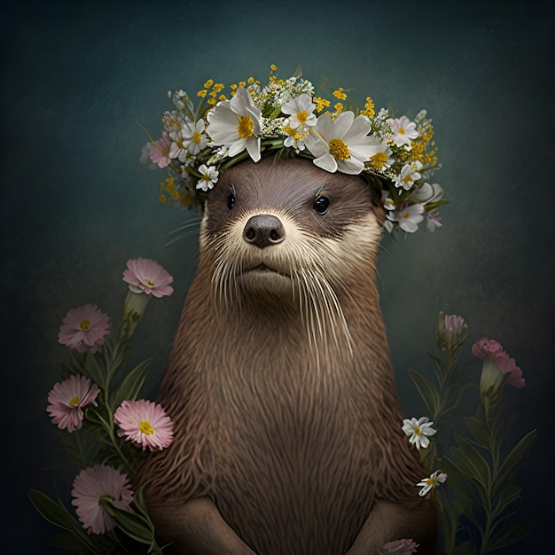 otter met bloemenflora bloeiende kroon van bloemen