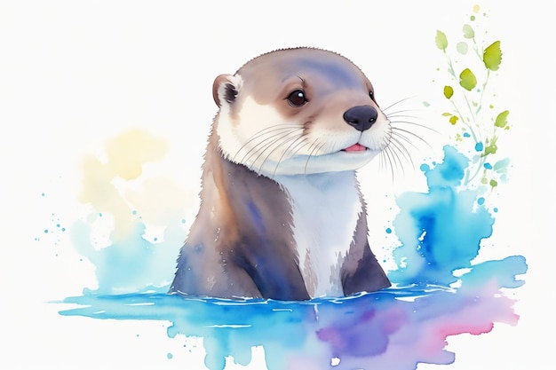 Otter photo prepared in watercolor style