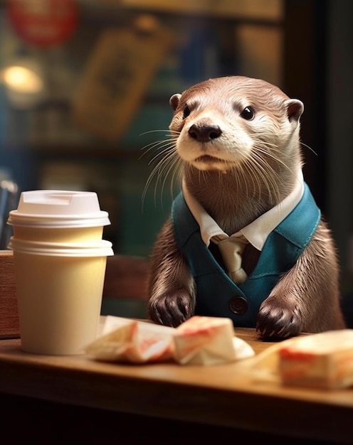 A otter sits at a table with a cup of coffee and a sandwich.