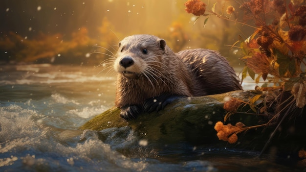 An otter sitting on a rock in the water