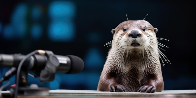 カワウソがマイクを前にして表彰台に立っています。