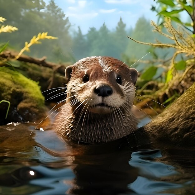 Photo otter swimming in a pond close up view