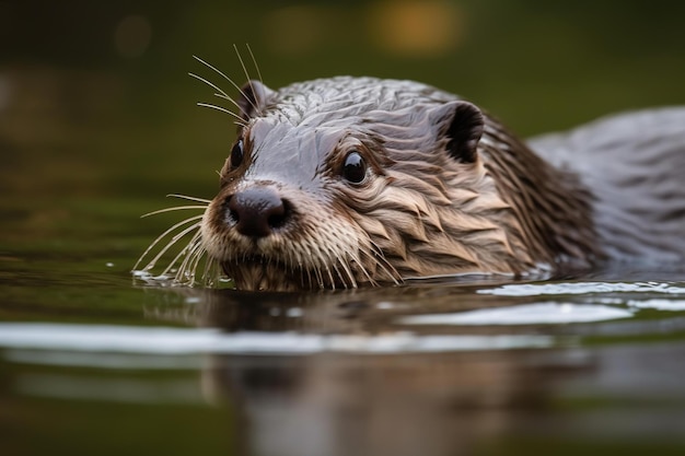 頭を水上に出して水中を泳ぐカワウソ