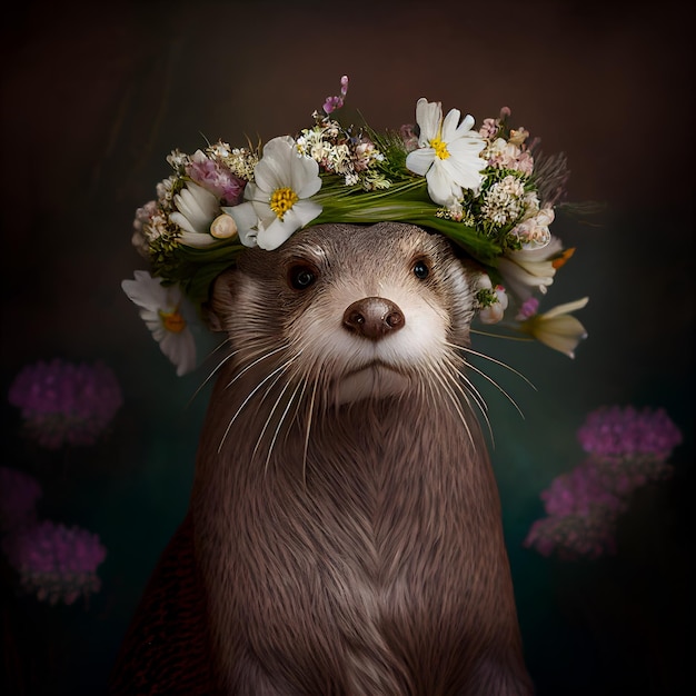 otter with floral flora crown of blooming flowers