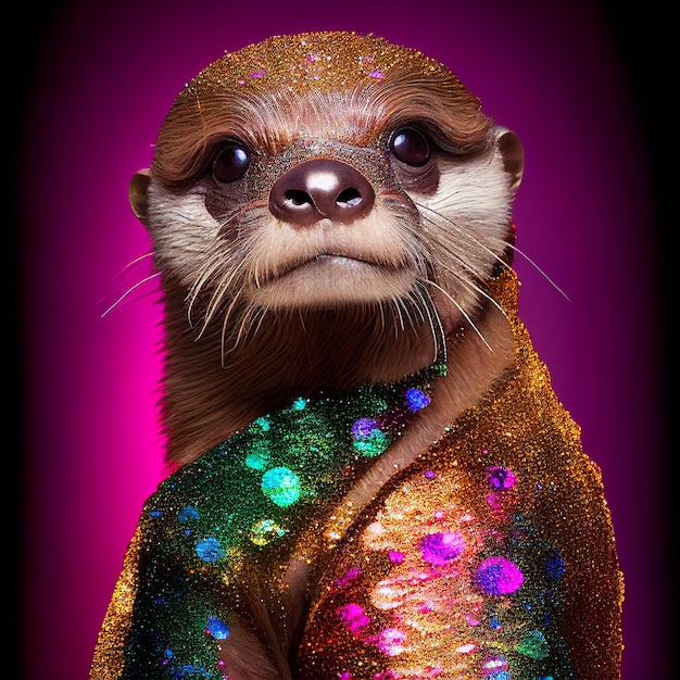 A otter with sequins on his shirt is wearing a glittery outfit.
