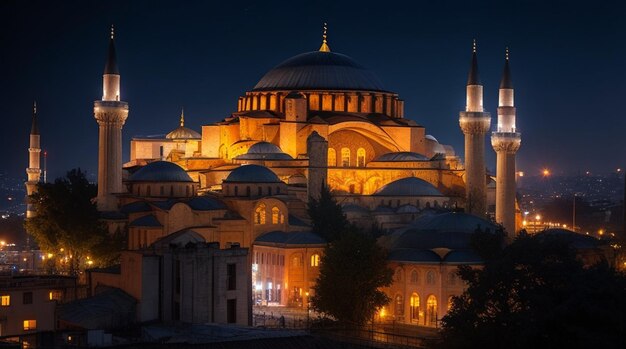 Photo ottoman turkish structure at night with a mosque in the background