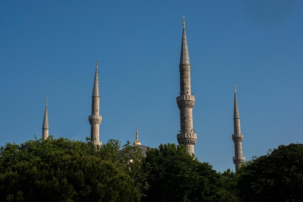 Ottoman Turkish style mosque minarets as Religious Muslim temple architecture