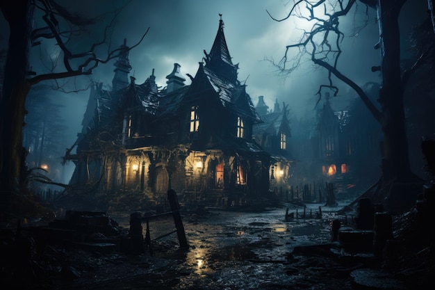Oud achtervolgd verlaten herenhuis in griezelig nachtbos Halloween-spookhuis Generatieve AI