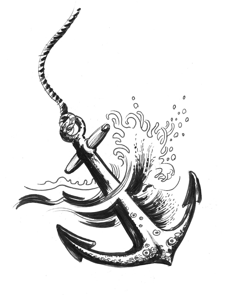Foto oud anker in zeewater. inkt zwart-wit tekening