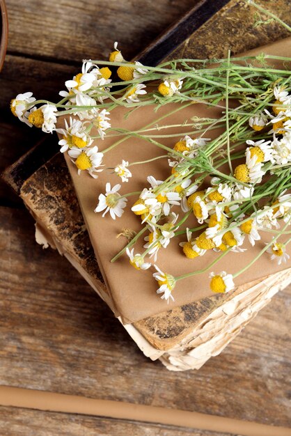 Oud boek met droge bloemen op tafel close-up