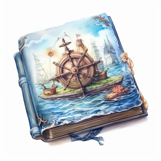 Oud boek met schip en stuurwiel op een witte achtergrond