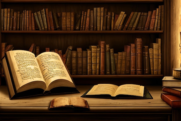 Oud boek met vliegende letters en magisch licht op de achtergrond van de boekenplank in de bibliotheek Anci