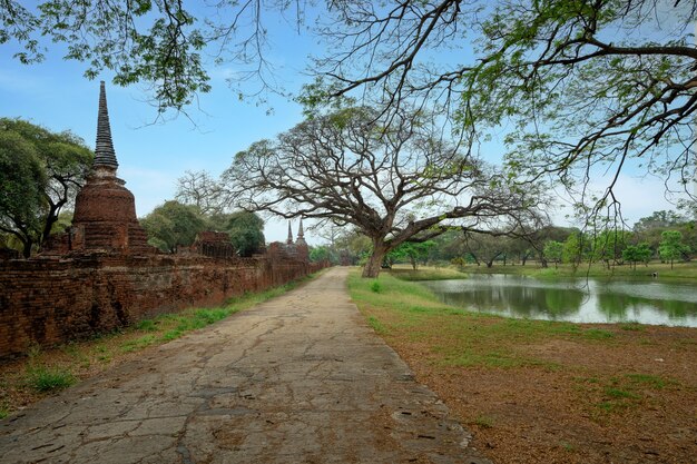 Oud cementpad tussen vijver en oude tempel Wat Phra Si Sanphet met veel bomen