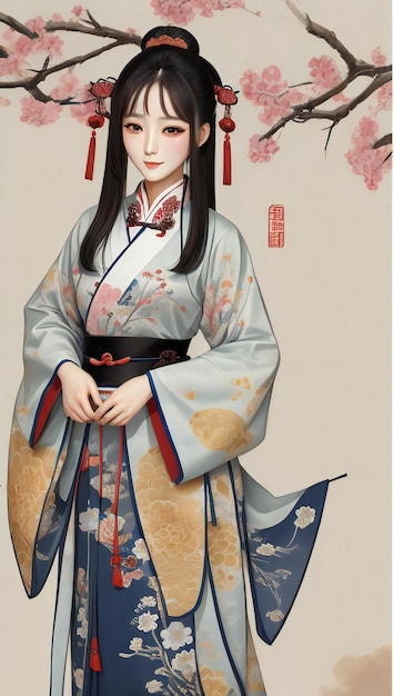 Oud Chinees traditioneel meisje aquarel illustratie behang