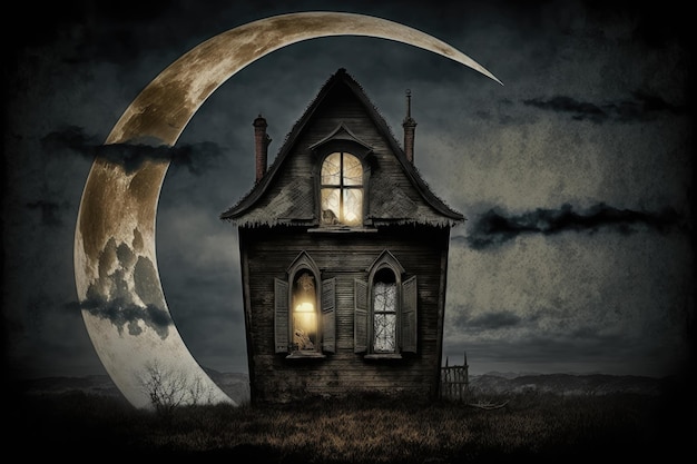 Oud donker horrorhuis met lamp in raam tegen de achtergrond van de maan