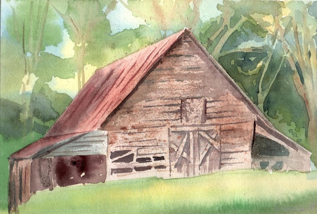 Oud dorpshuis verlaten boerderij in het bos Landelijke scèneHandgetekende aquarel Abstractie