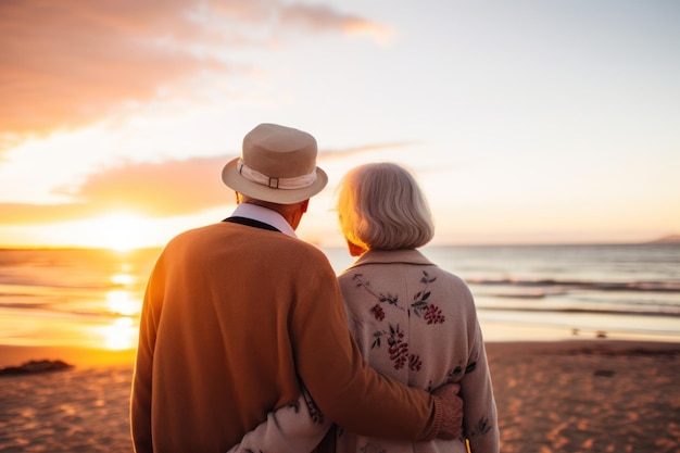 Oud echtpaar houdt elkaar vast op het strand bij zonsondergang.