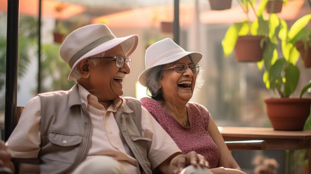 Oud echtpaar met pet Samen lachen