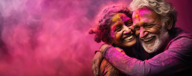 Oud echtpaar omhelst elkaar met poederverf op hun gezichten en viert een festival van kleuren