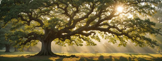 oud eikenboomgebladerte in ochtendlicht met zonlicht