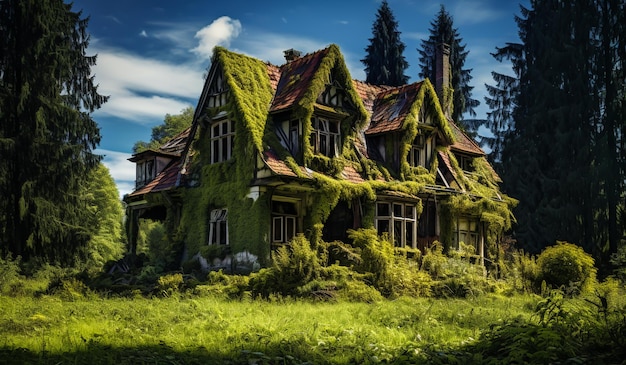 Oud en verlaten huis bedekt met mos midden in het door AI gegenereerde bos