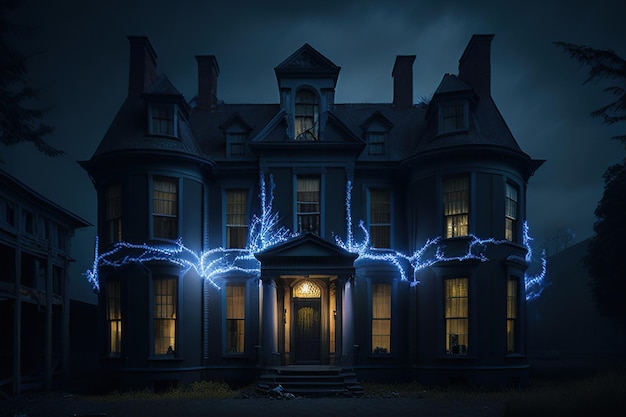 oud en vervallen herenhuis met ramen verlicht door lichten