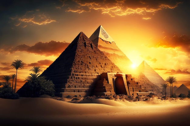 Foto oud graf in de vorm van egyptische piramiden tegen de achtergrond van zonsondergang